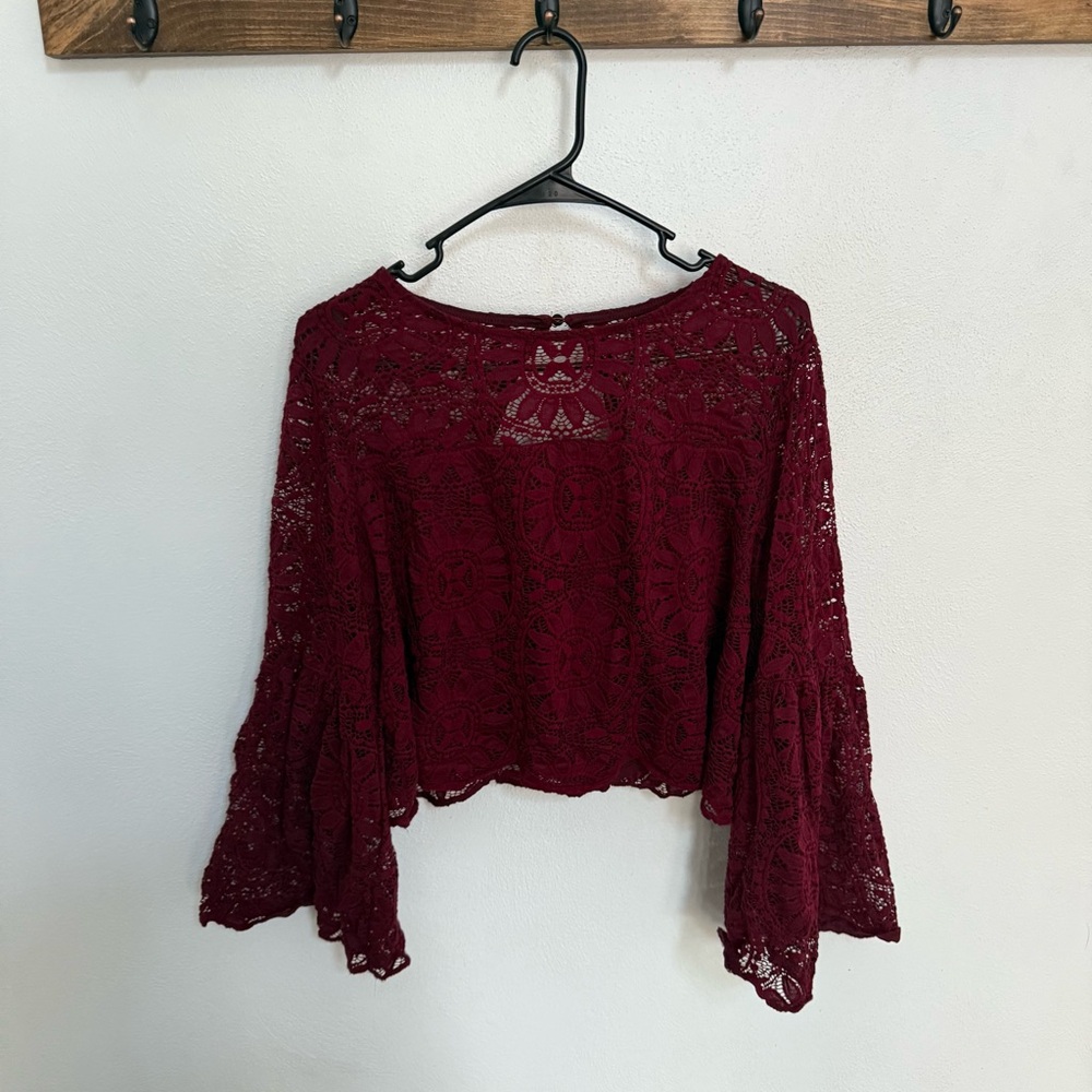 Xhilaration Burgundy Cropped Lace Blouse